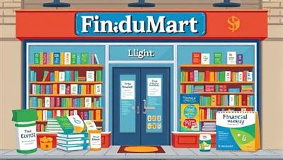 An artistic digital storefront illustration showcasing a variety of financial education tools and resources, including books, courses, software, and merchandise, inviting viewers to explore and enhance their financial knowledge through FinEduMart.