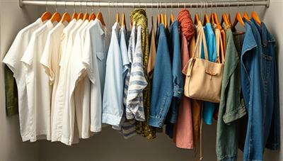 A digital closet filled with a diverse range of sustainable fashion items, including organic cotton shirts, recycled accessories, and upcycled denim, symbolizing style, sustainability, and conscious consumer choices in the online marketplace.