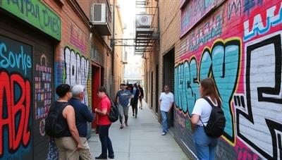 An urban alleyway adorned with colorful murals and graffiti artworks, a tour guide pointing out details and sharing stories about the artists behind the creations, capturing the vibrant and eclectic atmosphere of Graffiti Quest Tours' Urban Street Art Tours.