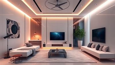 An elegant and futuristic smart home setup featuring voice-activated controls, automated lighting systems, and integrated smart devices, creating a seamless and sophisticated living environment that combines technology and luxury in perfect harmony.