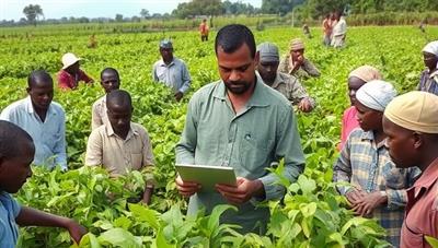 An agronomist in the field, surrounded by small farmers, demonstrating the use of agricultural technology tools and software to optimize crop management, enhance soil health, and increase yields, illustrating the practical benefits of FarmTech Allies' consultancy services.