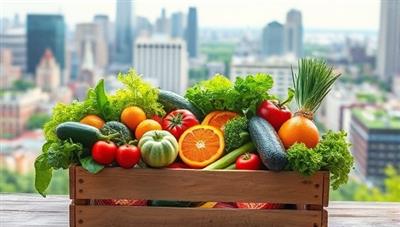 An inviting image featuring a vibrant display of freshly harvested fruits, vegetables, and herbs from urban farms arranged in a rustic wooden crate, set against a backdrop of a bustling cityscape with skyscrapers and green spaces, highlighting the freshness and local sourcing of City Harvest Co.'s farm-to-table subscription service.