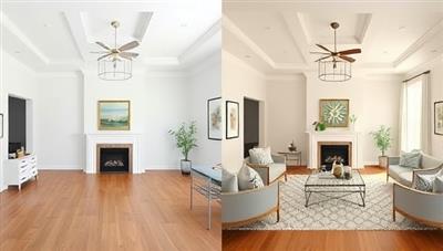 A split-screen image showing a room with and without virtual staging, highlighting the transformation from a plain space to a beautifully decorated room with virtual furniture and decor accents, demonstrating the visual impact of digital property staging.