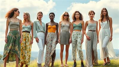 An artistic depiction of a sustainable fashion collection featuring eco-friendly fabrics, recycled materials, and nature-inspired designs, with models showcasing the clothing in a serene outdoor setting, symbolizing the harmony between fashion and sustainability embodied by EcoChic Threads.