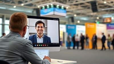 An online career coaching session where a consultant provides feedback on a client's resume and discusses personalized career strategies via a video call, with a virtual job fair in the background, symbolizing career growth and opportunities.