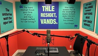 A vibrant podcast studio setup with microphones, soundproof panels, and recording equipment, surrounded by inspirational quotes and financial symbols, creating a professional and creative space for producing empowering financial content.