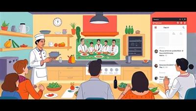 A colorful digital illustration showcasing a virtual cooking class setting with chefs demonstrating cooking techniques, participants following along in their kitchens, and a virtual chat window for interaction and questions, creating a dynamic and engaging culinary learning experience.