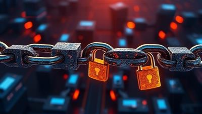 An artistic representation of interconnected blocks forming a secure chain, symbolizing the trust and transparency achieved through blockchain technology in digital advertising, with digital ad banners and security locks integrated into the chain.