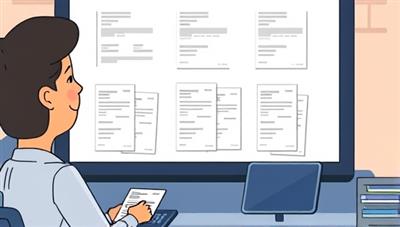 An animated illustration of receipts being scanned and sorted automatically by a digital system, with a user smiling at the simplicity and efficiency of the process, conveying modernity and convenience.