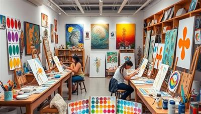 An artistic visual of a virtual studio filled with colorful paint palettes, sculpting tools, crafting materials, participants engrossed in creating artworks, and a virtual gallery showcasing diverse art pieces, fostering a sense of artistic community and inspiration in a creative world.