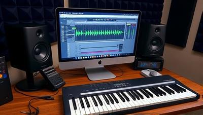 An online music production studio setup with a computer, MIDI keyboard, audio interface, and studio monitors, creating a professional and creative environment for music production and mixing courses.