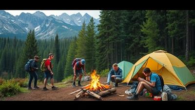 An outdoor expedition scene with teens hiking through a lush forest, setting up tents at a campsite, cooking over a campfire, and participating in team-building activities, surrounded by majestic nature views and a sense of camaraderie and adventure, capturing the essence of outdoor education and wilderness exploration.