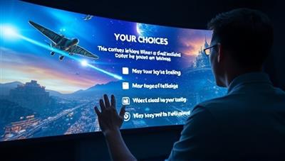 An engaging visual showing a viewer interacting with a screen, selecting choices that impact the storyline of a movie being projected, surrounded by captivating scenes from the film.