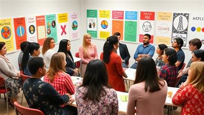 An inclusive workshop setting with a diverse group of professionals engaging in a lively discussion, surrounded by colorful diversity posters and inclusive symbols, promoting a welcoming and open environment for learning and growth.