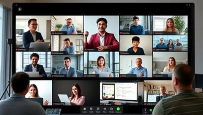 An engaging virtual training session with a diverse group of participants learning remote work skills through interactive exercises and real-world scenarios, showcasing the platform's dynamic and practical approach to learning.