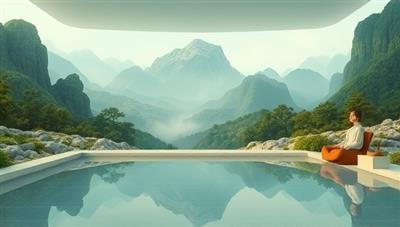 A serene virtual retreat setting with digital nature landscapes, calming sounds, and tranquil meditation spaces, inviting users to relax, unwind, and immerse themselves in a mindful and rejuvenating retreat experience from the comfort of their homes.