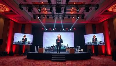An elegant virtual event setup with a dynamic stage, professional lighting, and multiple screens displaying the event planner coordinating with clients and vendors, conveying sophistication and seamless event execution.