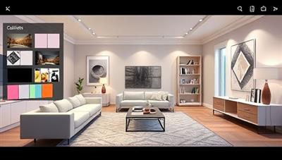 An immersive interior design simulation showcasing a virtual living room transformation with interactive furniture selections, color palette options, and lighting effects, illustrating the platform's creative potential and customization features.