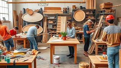 An image of a vibrant workshop setting with participants creatively upcycling construction waste materials into bespoke furniture pieces, surrounded by tools, paints, and recycled materials, capturing the essence of innovation and sustainability at ReConstruct Artistry's workshops.