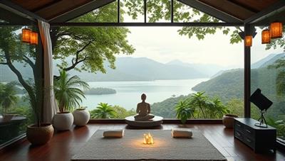 An immersive and tranquil virtual retreat setting with soothing nature sounds, calming visuals, and relaxing wellness activities, creating a serene and rejuvenating online wellness experience for participants.