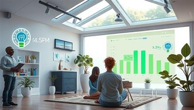 A futuristic smart home environment with AI sensors monitoring energy usage, a digital dashboard displaying energy savings, and a family enjoying a sustainable lifestyle, illustrating efficiency and environmental awareness.