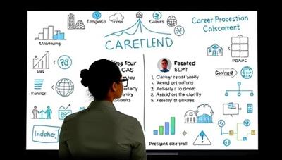 A virtual career coaching session in progress, with a career coach and a client discussing career goals and development strategies on a digital whiteboard, surrounded by icons representing various industries and job roles, symbolizing career growth and advancement.