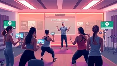 An engaging digital illustration capturing a dynamic fitness masterclass scene with an expert instructor leading a group of virtual participants through a high-energy workout, with interactive elements, real-time feedback, and motivational cues, illustrating the immersive and educational experience of FitMaster Sessions.