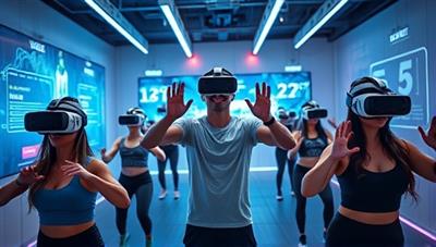 An immersive VR fitness studio environment with users wearing VR headsets, following a virtual trainer in a high-energy workout session, surrounded by futuristic digital fitness metrics and motivational visuals, illustrating the cutting-edge and engaging nature of VR Fit Zone.