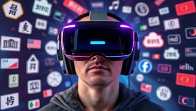 A futuristic VR headset displaying a user fully immersed in a virtual language learning environment, surrounded by language symbols and interactive elements, showcasing the platform's immersive experience.
