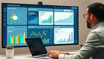 An online dashboard displaying real-time marketing analytics and campaign performance metrics, with a consultant analyzing data and strategizing for a client's digital marketing campaign, demonstrating expertise and data-driven insights.