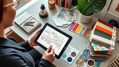 A stylish home office setup with a designer showcasing design sketches on a tablet, surrounded by swatches of fabric, paint samples, and interior decor magazines, creating an artistic and inspiring atmosphere.