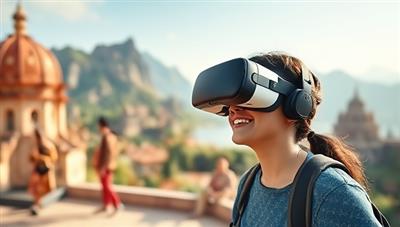 An immersive visual of a user wearing a VR headset exploring a virtual travel destination, interacting with local guides, and experiencing cultural activities, with stunning landscapes and landmarks in the background, capturing the essence of travel through virtual reality.