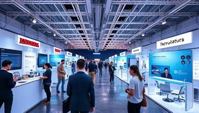 An immersive VR environment showcasing a digital job fair with virtual booths of various companies, job seekers exploring the virtual space, and recruiters conducting interviews, illustrating the futuristic and engaging nature of the VR job fair platform.