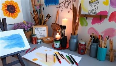 An inspiring art studio setup with colorful paints, brushes, and sketchbooks, accompanied by soothing music and candles, creating a welcoming and therapeutic environment for participants to engage in art therapy workshops at Artful Healing Hub.