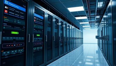 A secure data center environment with servers, encryption technologies, and biometric access control systems, symbolizing data protection and privacy measures implemented by the compliance firm to safeguard sensitive information and ensure regulatory compliance.