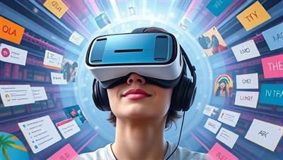 An artistic representation of a user wearing a VR headset, surrounded by virtual language learning environments with interactive language exercises, creating a futuristic and engaging language learning experience.