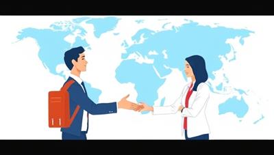 An illustration of a virtual handshake between a student and a company representative, symbolizing the seamless connection between interns and companies facilitated by the online platform, promoting global collaboration and opportunities.