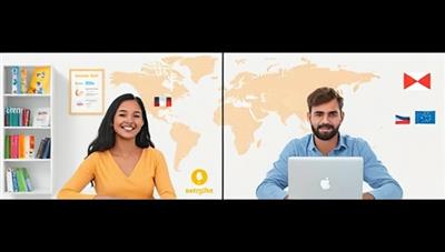 An engaging visual of two individuals from different cultural backgrounds engaging in a virtual language exchange session, with language learning materials and a world map in the background, illustrating the platform's focus on global connections and cultural exchange.
