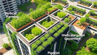 An artist's rendering of a modern residential building with lush rooftop gardens, vertical farming structures, and communal green areas, illustrating the harmonious blend of urban living and sustainable agriculture in GreenScape Residences.