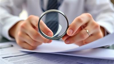 An image of a professional reviewing tax documents with a magnifying glass, symbolizing the meticulous attention to detail and thorough analysis involved in maximizing tax refunds through the RefundBoosters service.