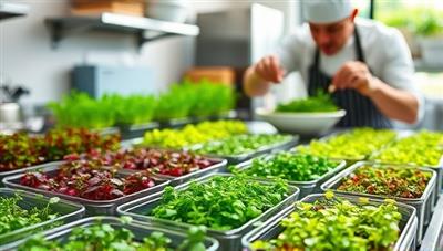 A vibrant kitchen scene with a variety of colorful microgreens neatly arranged in small containers, a chef garnishing a dish with fresh microgreens, and natural sunlight streaming in, highlighting the freshness and culinary appeal of the product.