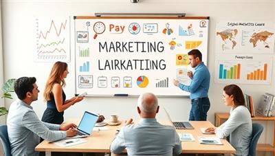 A creative digital marketing campaign brainstorming session, with professionals discussing strategies on a whiteboard, surrounded by laptops, marketing materials, and colorful charts, illustrating innovation and collaboration in marketing planning.