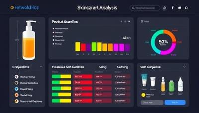 A sleek and informative virtual skincare ingredient analysis dashboard displaying a product scan results with color-coded ingredient ratings, skin compatibility indicators, and personalized product suggestions, illustrating a data-driven and user-friendly skincare tool.