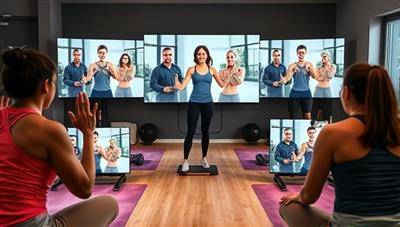 A vibrant virtual workout session with a diverse group of participants engaging in exercises led by a virtual coach, displayed on screens in a modern home gym setup, conveying energy and inclusivity.