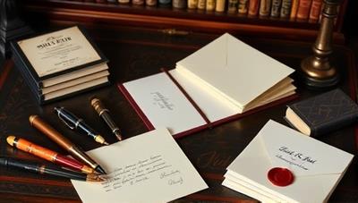 An elegant writing desk adorned with decorative pens, wax seals, and stacks of beautifully crafted letters, exuding a sense of nostalgia and sophistication, capturing the essence of personalized letter writing and emotional connections.