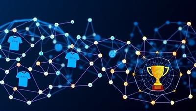 An abstract representation of a blockchain network intertwined with sports symbols like balls, jerseys, and trophies, symbolizing the fusion of technology and sports betting in a secure and innovative platform.