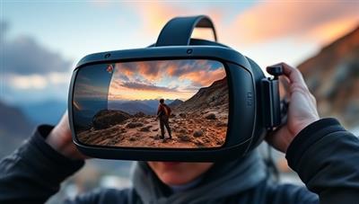 An immersive virtual reality headset displaying a thrilling adventure scene in a remote location, with users experiencing a sense of wonder and excitement as they explore the virtual world of Quest Expeditions Online.