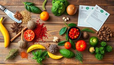 An artistic flat lay of colorful spices, fresh herbs, exotic ingredients, and recipe cards neatly arranged on a rustic kitchen table, inviting viewers to embark on a culinary adventure.