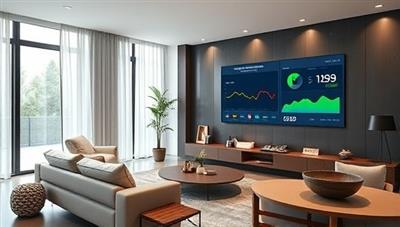 A modern living room with sleek smart home gadgets connected to a central energy management system, displaying real-time energy usage and cost savings on a large screen, showcasing a futuristic and eco-friendly lifestyle.