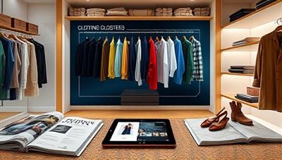 An artistic depiction of a virtual closet with AI-powered clothing suggestions displayed on a digital screen, surrounded by fashion magazines, fabric swatches, and a tablet for interactive shopping, conveying style and innovation.